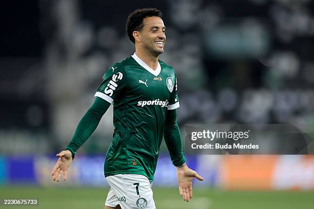 Felipe Anderson of Palmeiras celebrates after scoring the team's first goal during the match between Botafogo and Palmeiras as part of Brasileirao...