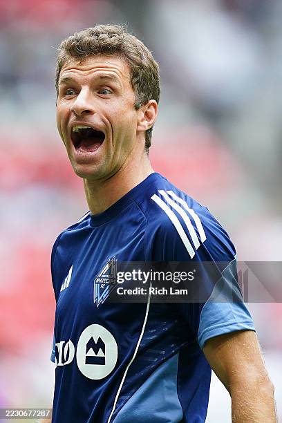 Thomas Müller of the Vancouver Whitecaps FC gestures prior to the MLS match between Vancouver Whitecaps FC and Houston Dynamo FC at BC Place on...