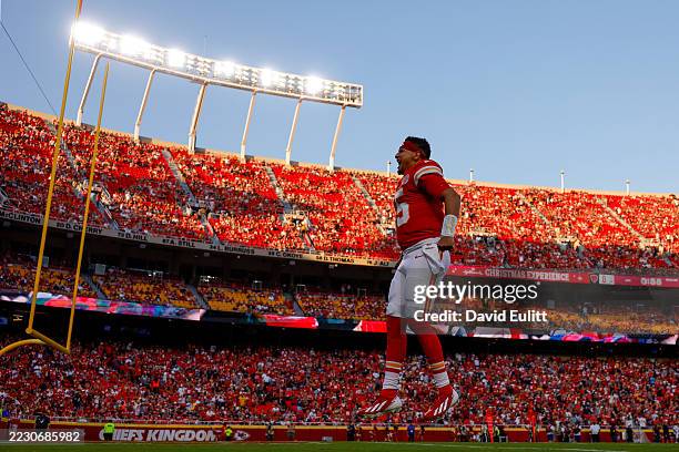 Patrick Mahomes of the Kansas City Chiefs leaps in the air prior to the start of the NFL Preseason 2025 game between Chicago Bears and Kansas City...