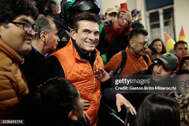 Presidential candidate Rodrigo Paz of the Partido Demócrata Cristiano greets supporters after presidential elections on August 17, 2025 in La Paz,...