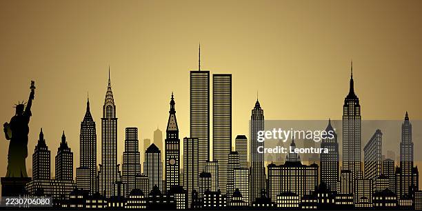 bildbanksillustrationer, clip art samt tecknat material och ikoner med twin towers and new york city skyline (all buildings are moveable and complete) - twin towers manhattan