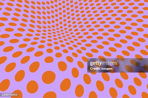 orange dot wave pattern on purple background. dynamic abstract design with orange dots arranged in a wavy, optical illusion style over a purple backdrop. - distorted stock pictures, royalty-free photos & images