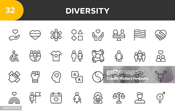illustrazioni stock, clip art, cartoni animati e icone di tendenza di icone della linea di diversità. tratto modificabile. contiene icone come uguaglianza, inclusione, unità, gruppo multirazziale, comunità, persone, connessione, culture, identità, religione, genere, luogo di lavoro. - multiculturalismo