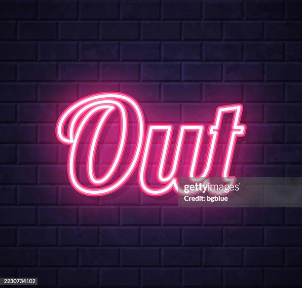 out - glowing neon text on brick wall background - brick wall background outside stock illustrations