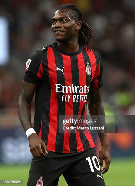 Rafael Leao of AC Milan looks on during the Coppa Italia match between AC Milan and SSC Bari at Stadio San Siro on August 17, 2025 in Milan, Italy.