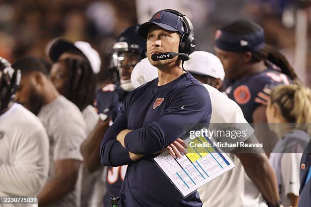 Head coach Ben Johnson of the Chicago Bears looks on against the Buffalo Bills during the NFL Preseason 2025 game between Buffalo Bills and Chicago...
