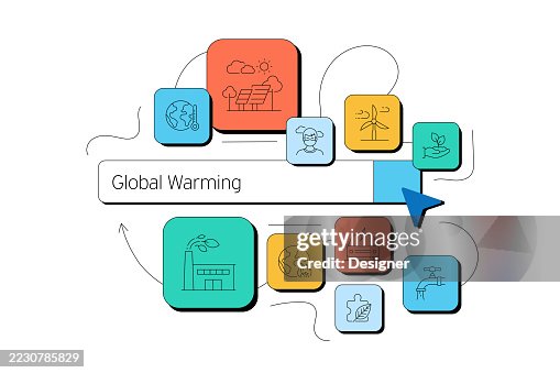 Global Warming Related Vector Illustration. Climate Change, Ecology, Environment, Protection, Sustainability, Carbon Emissions Global Warming Related Vector Illustration. Climate Change, Ecology, Environment, Protection, Sustainability, Carbon Emissions