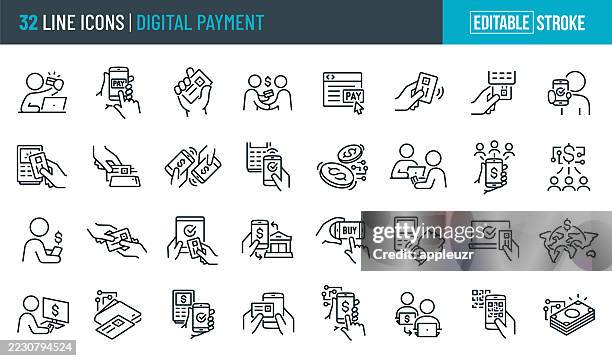 digital and electronic payment thin line icons - editable stroke - icons include shopper using credit card to shop online, person using phone to buy online, credit card reader, online payment, paying, purchasing, peer to peer payment - contactless payment stock illustrations