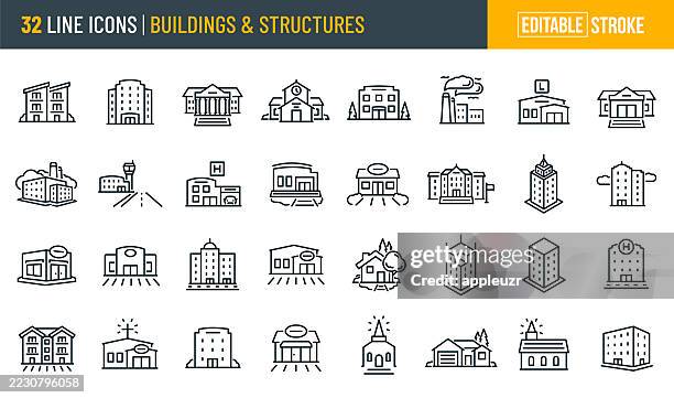 stockillustraties, clipart, cartoons en iconen met buildings and structures thin line icons - editable stroke - the icons include a business building, apartments, high rise, courthouse, bank, house, factory, hospital, church, retail outlet, restaurant, school, library - gebouw exterieur