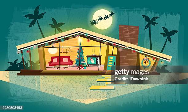 ilustrações de stock, clip art, desenhos animados e ícones de holiday retro mid-century home exterior scene decorated for christmas with tree, television and santa on textured background - estilo moderno de meados do século