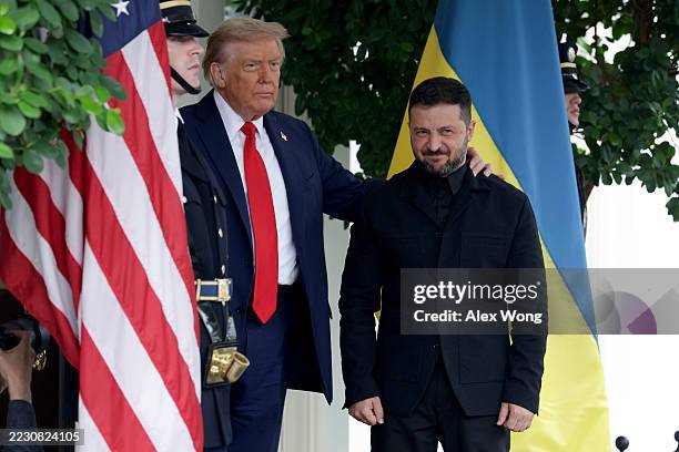 President Donald Trump greets Ukrainian President Volodymyr Zelensky at the White House on August 18, 2025 in Washington, DC. President Trump is...