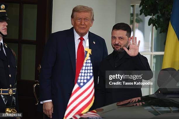 President Donald Trump greets Ukrainian President Volodymyr Zelensky at the White House on August 18, 2025 in Washington, DC. President Trump is...