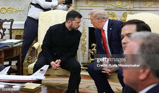 President Donald Trump meets with Ukrainian President Volodymyr Zelensky at the White House on August 18, 2025 in Washington, DC. President Trump is...