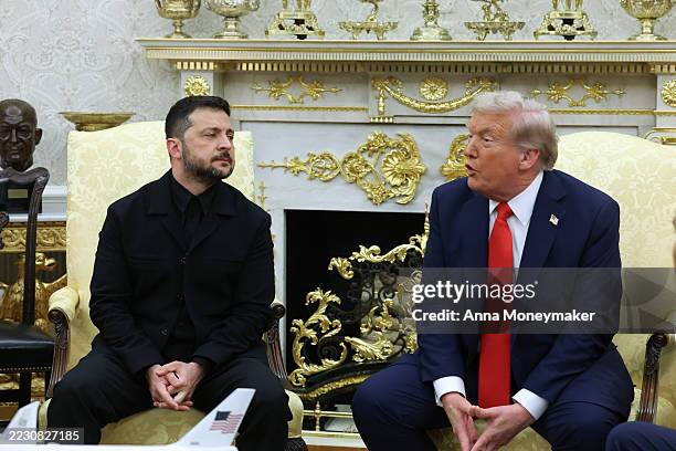 President Donald Trump meets with Ukrainian President Volodymyr Zelensky at the White House on August 18, 2025 in Washington, DC. President Trump is...