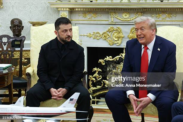 President Donald Trump meets with Ukrainian President Volodymyr Zelensky at the White House on August 18, 2025 in Washington, DC. President Trump is...