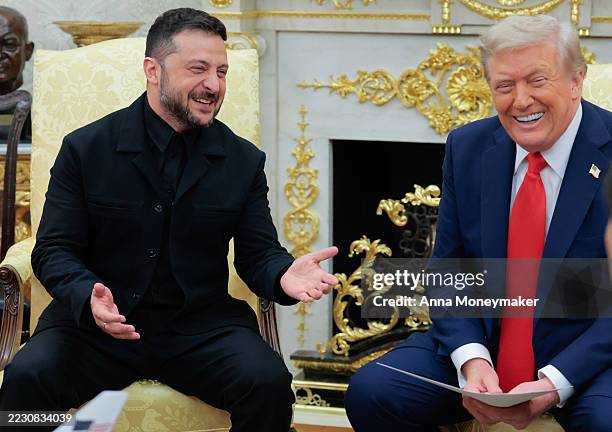 President Donald Trump meets with Ukrainian President Volodymyr Zelensky in the Oval Office at the White House on August 18, 2025 in Washington, DC....