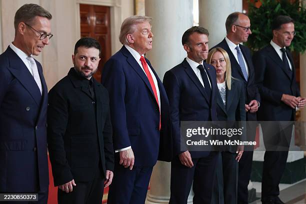 Finnish President Alexander Stubb, Ukrainian President Volodymyr Zelensky, U.S. President Donald Trump, French President Emmanuel Macron, Italian...