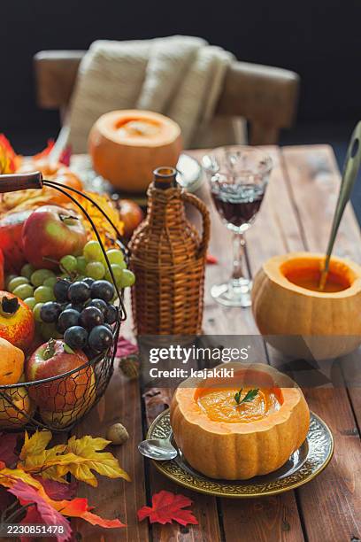 homemade pumpkin soup - cream soup stock pictures, royalty-free photos & images