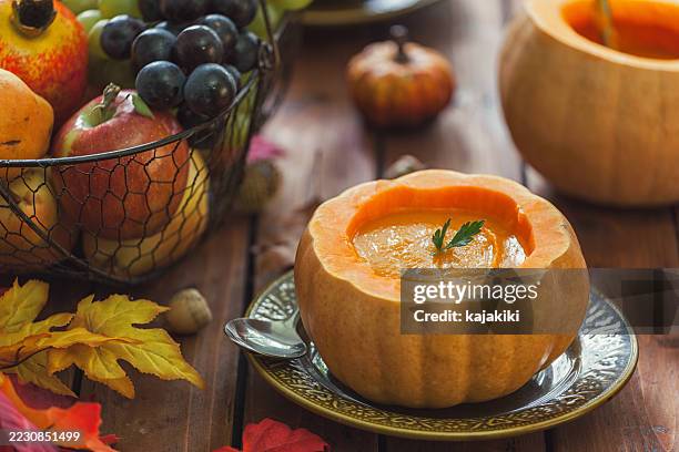 homemade pumpkin soup - cream soup stock pictures, royalty-free photos & images