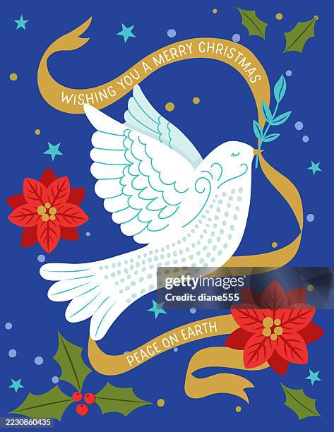 ilustraciones, imágenes clip art, dibujos animados e iconos de stock de arte popular paloma de navidad con cinta y mensaje de paz - paloma ave