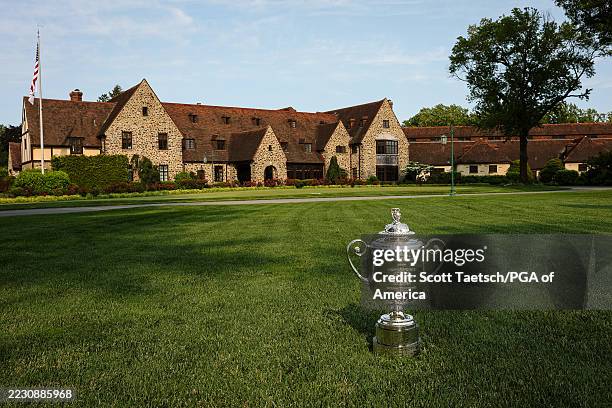 General view of the Wanamaker Trophy in front of the clubhouse at the Aronimink Golf Club on June 2, 2025 in Newtown Square, Pennsylvania.