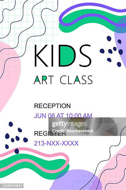kids art class flyer. creative fun learning activity workshop for children. - child crafting stock illustrations