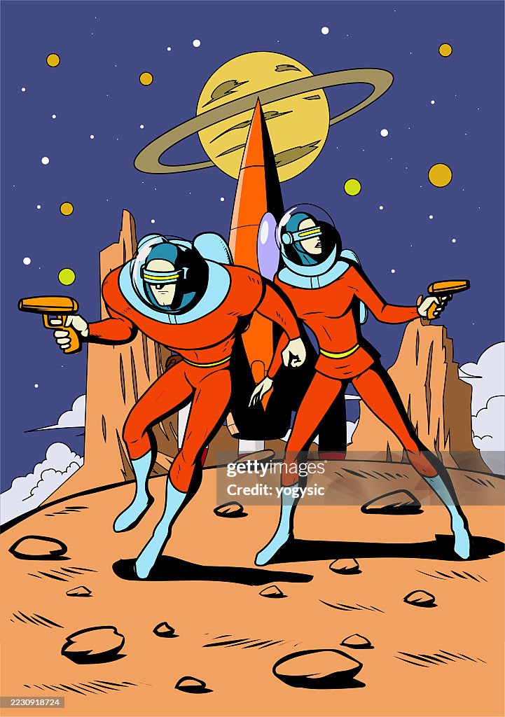 Vector Retro Style Space Astronauts Stranded on a Planet Stock Illustration