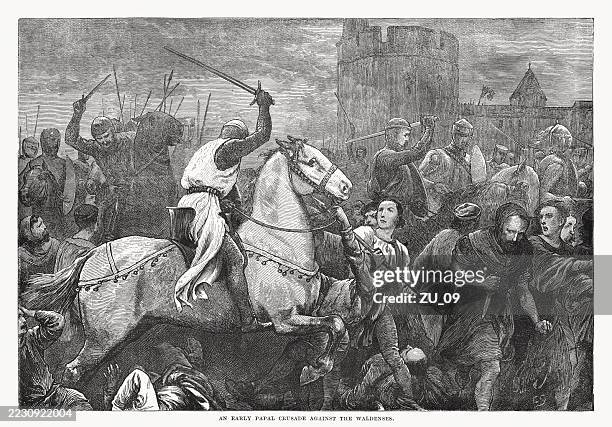 papal crusade against the waldenses, wood engraving, published in 1899 - savoie stock illustrations