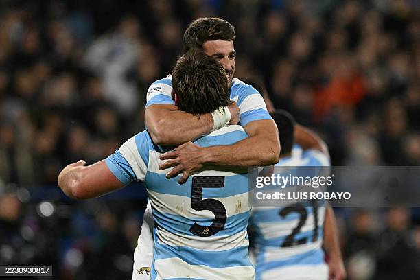 Argentina's Los Pumas lock Pedro Rubiolo celebrates with a teammate after winning the Rugby Championship 2025 match between Argentina and New Zealand...