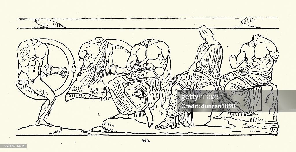 Ancient Greek sculptures from the Temple of Hephaestus, or Theseus, Athens, Greece, Warriors carrying shield, seated man and women