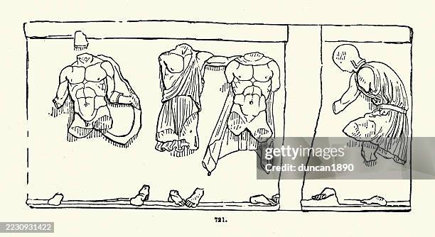 ancient greek sculptures from the temple of hephaestus, or theseus, athens, greece, warrior men - hephaestus statue stock illustrations