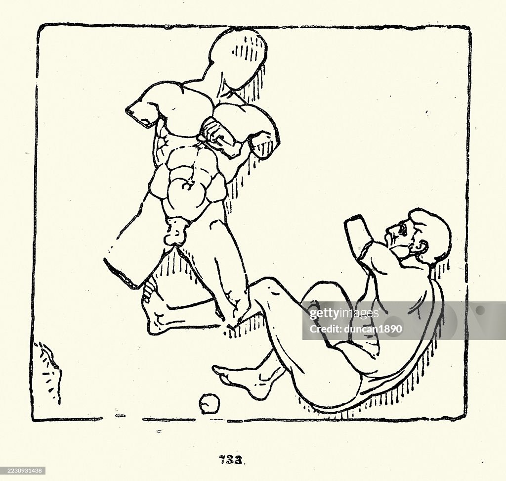 Ancient Greek sculptures from the Temple of Hephaestus, or Theseus, Athens, Greece, Two men fighting