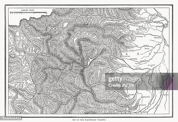 map of the waldensian valleys (france/italy), wood engraving, published 1899 - french alps stock illustrations