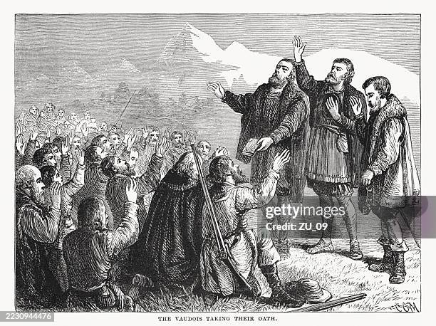 the waldensian taking their oath, wood engraving, published in 1899 - french alps stock illustrations