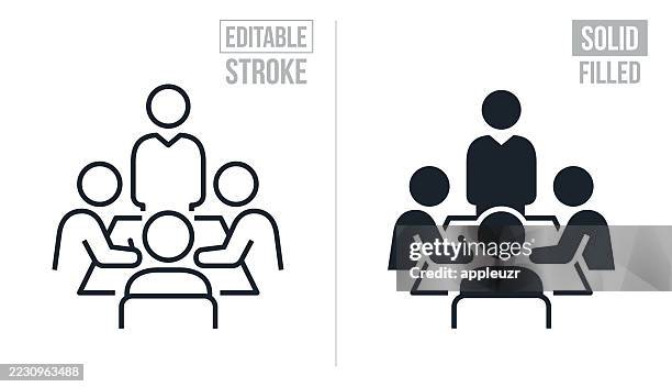 bildbanksillustrationer, clip art samt tecknat material och ikoner med group of business people having a business meeting - editable stroke and solid icons - styrelse