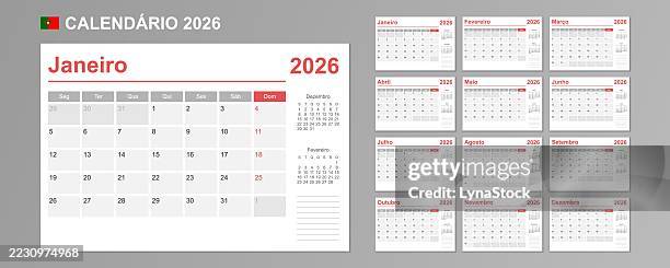 ilustrações de stock, clip art, desenhos animados e ícones de portuguese calendar for 2026. week starts on monday. simple vector template. business design planner. - semana