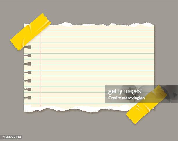 torn paper with yellow tape on neutral background - note pad stock illustrations