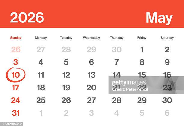 may 10 2026 calendar day monthly - minimalism style landscape horizontal calendar leaf for 2026 year - vector template - american grid - the week starts on sunday - 10 year stock illustrations