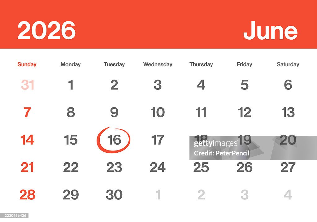 Tuesday In June June 16 2026 Calendar Day Monthly Minimalism Style Landscape Horizontal ...