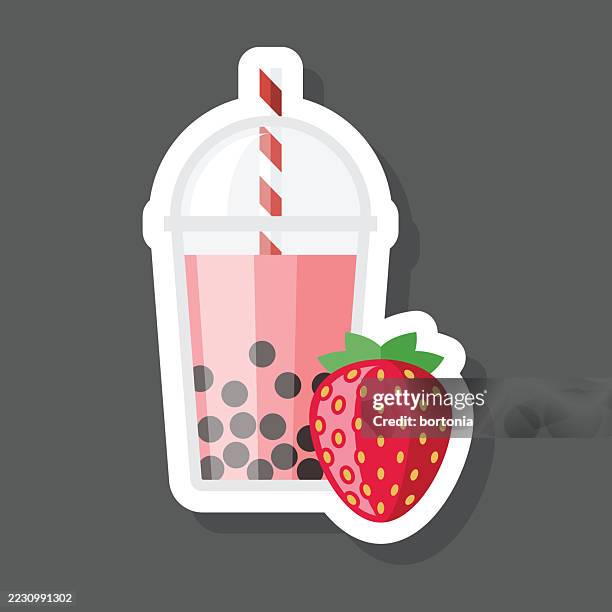 strawberry bubble tea boba sticker icon - berry cocktail stock illustrations