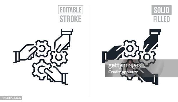 business hands holding cogs together - editable stroke and solid icons - participant stock illustrations