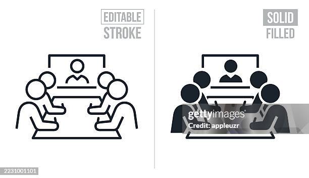 business people in a meeting room watching a video conference - editable stroke and solid icons - small business training stock illustrations