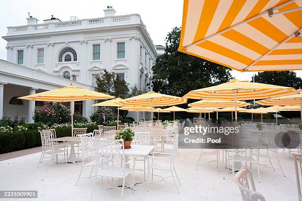 View of chairs and a newly paved Rose Garden at the White House on August 19, 2025 in Washington, DC. Reporters were brought out to see the newly...