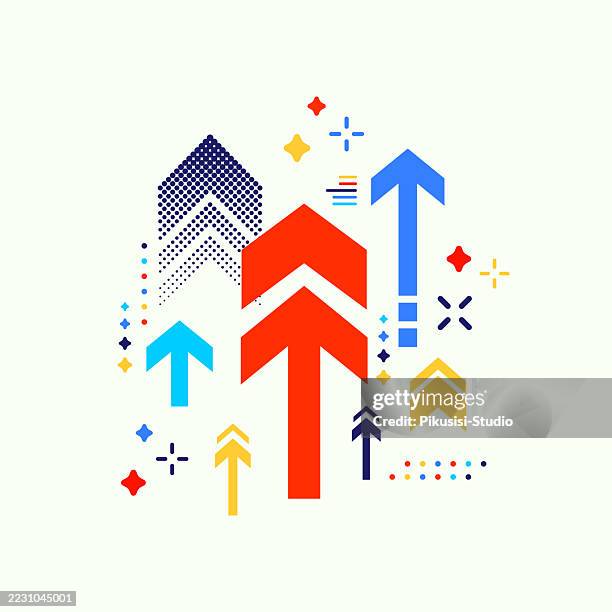 ilustraciones, imágenes clip art, dibujos animados e iconos de stock de concepto moderno de crecimiento de flechas con formas geométricas multicolores - progreso conceptos