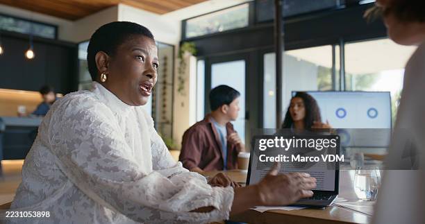 discussion, laptop and business people in office for meeting on creative project with publishing. computer, talking and publisher with author for feedback, advice or review on manuscript at workplace - editor imagens e fotografias de stock