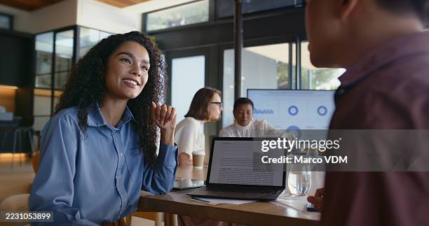 conversation, laptop and business people in office for meeting on creative project with publishing. computer, talking and editor with author for feedback, advice or review on manuscript at workplace. - editor imagens e fotografias de stock