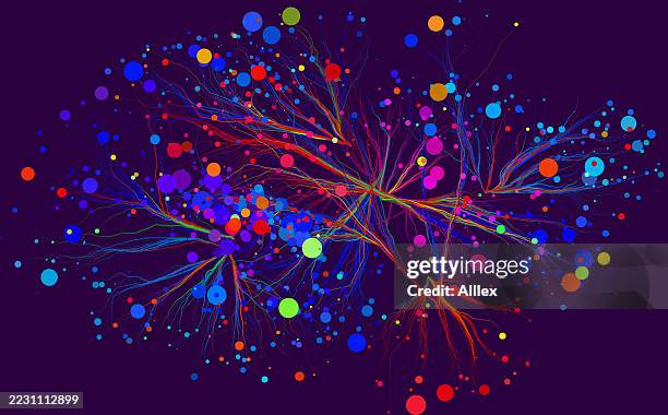 ilustrações de stock, clip art, desenhos animados e ícones de vivid neural network visualization with colorful data nodes and connections - célula nervosa