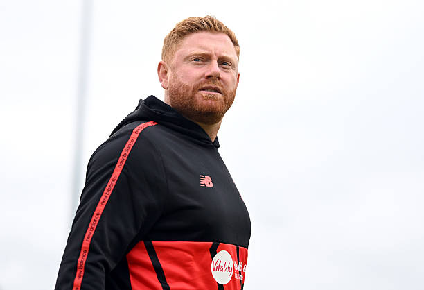 Jonny Bairstow of Welsh Fire looks on during the warm up prior to the The Hundred match between Welsh Fire Men and Southern Brave Men at Sophia...