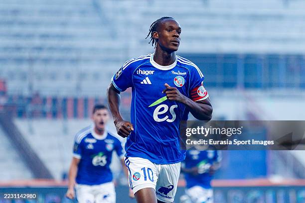 Emmanuel Emegha of RC Strasbourg celebrates his goal during the Ligue 1 McDonald's match between RC Strasbourg Alsace and FC Nantes at Stade de la...