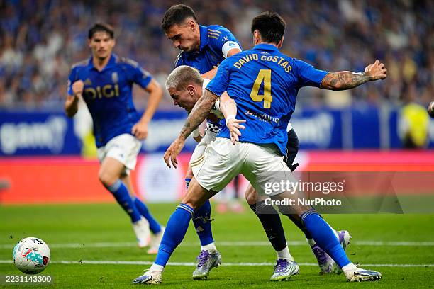 Franco Mastantuono right winger Argentina and David Costas centre-back of Oviedo and Spain compete for the ball during the La Liga EA Sports match...